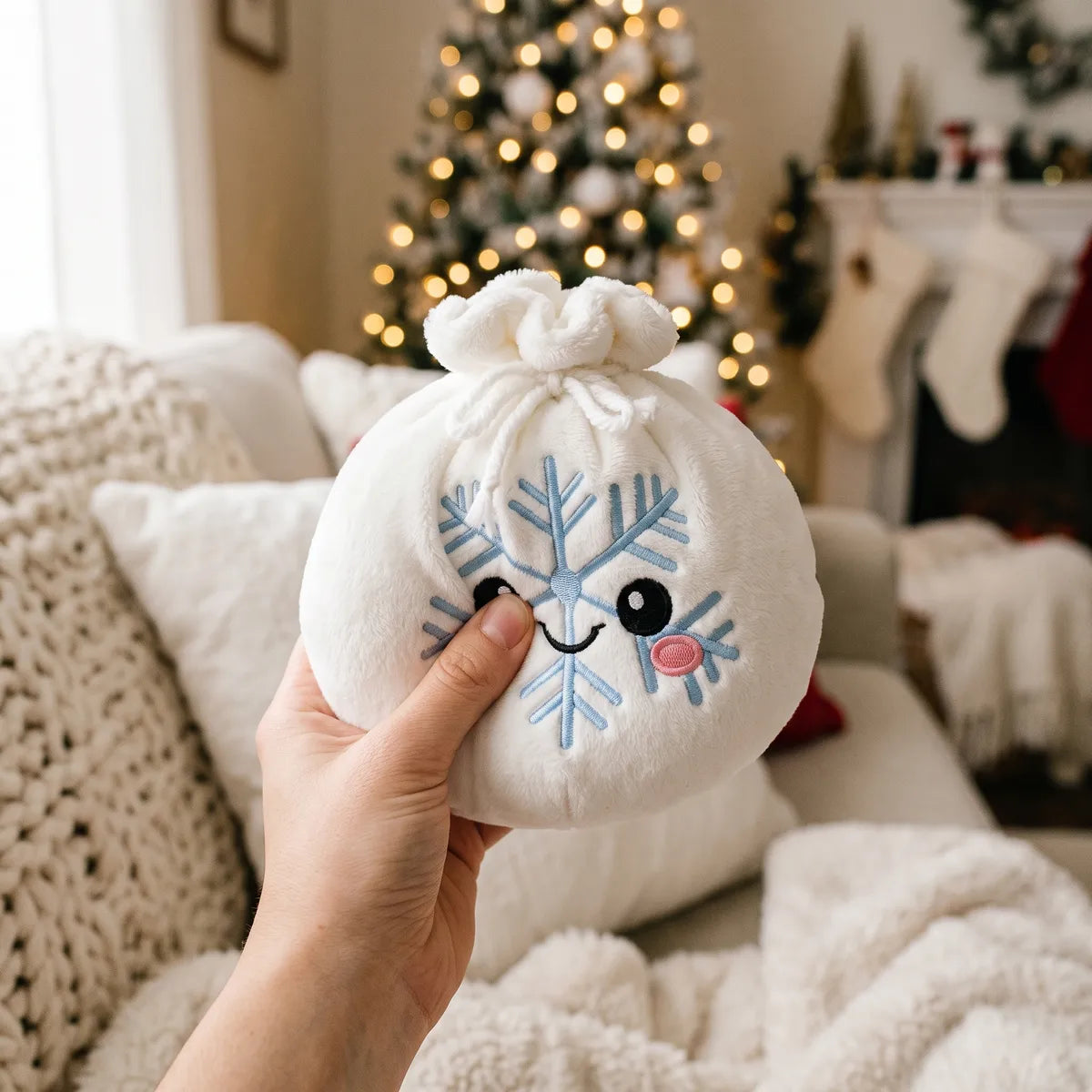 Person squeezing the Winter Snowflake Dumpling Squishy Plush as a fidget toy on a cozy white sofa