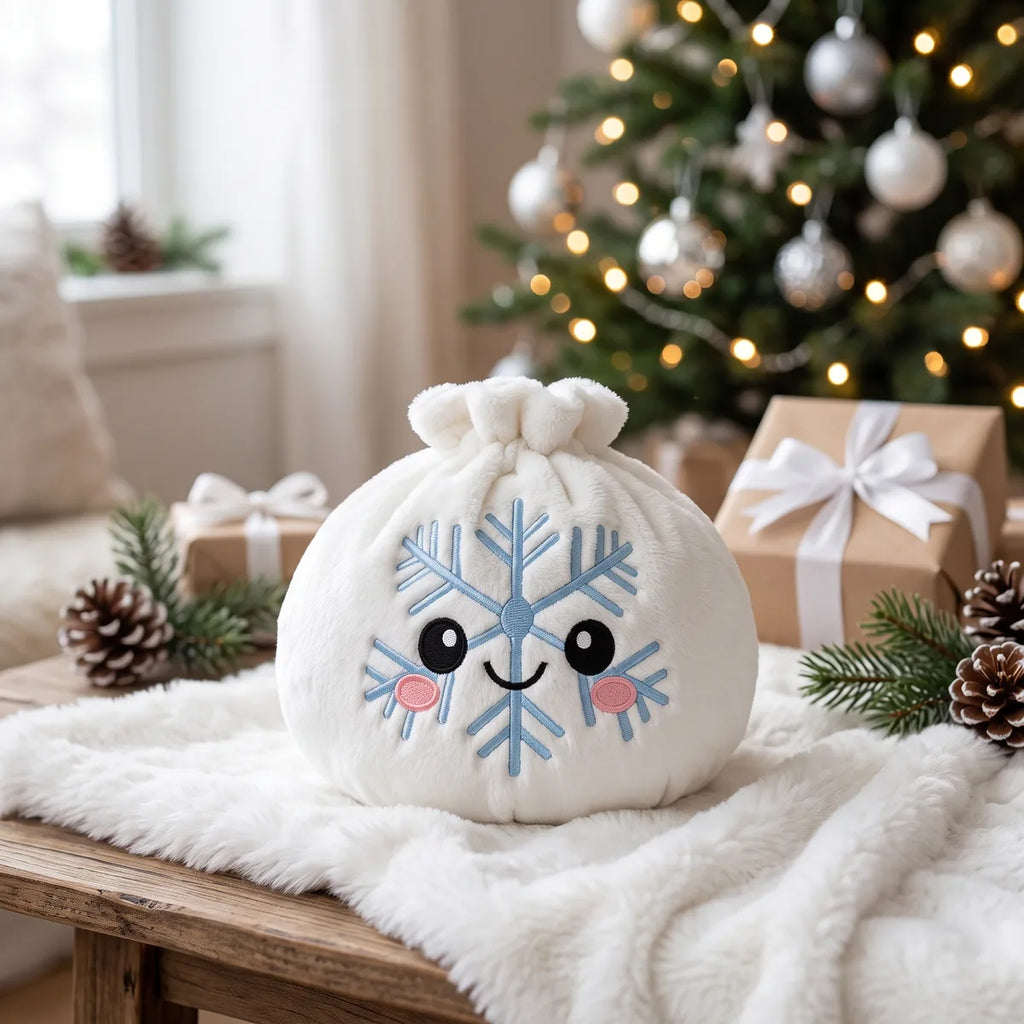 Winter Snowflake Dumpling Squishy Plush displayed on a white knit throw by the Christmas tree