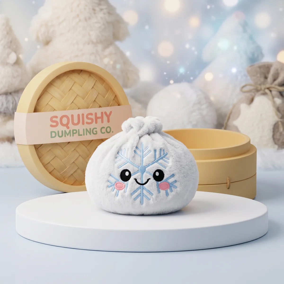 Winter Snowflake Dumpling Squishy Plush on a white studio podium beside a steamer basket