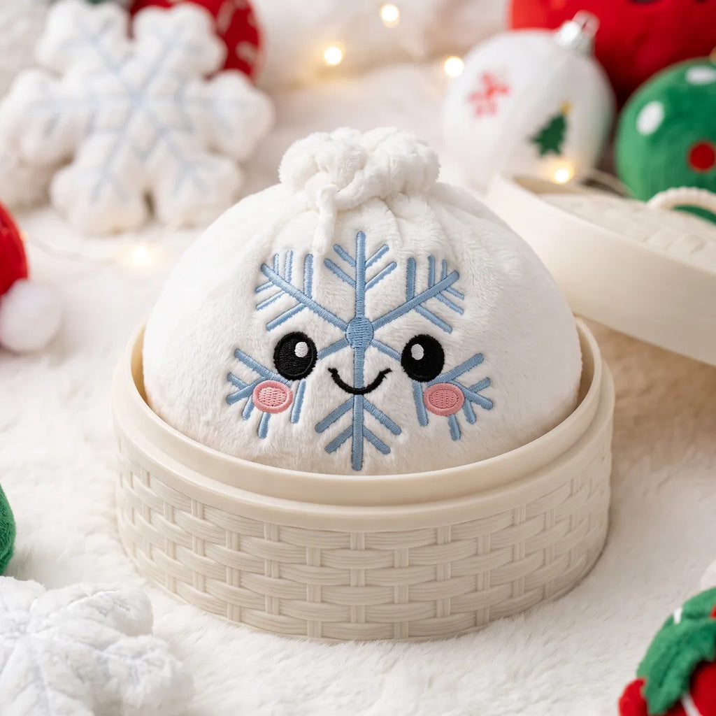 Winter Snowflake Dumpling Squishy Plush sitting inside a round steamer basket