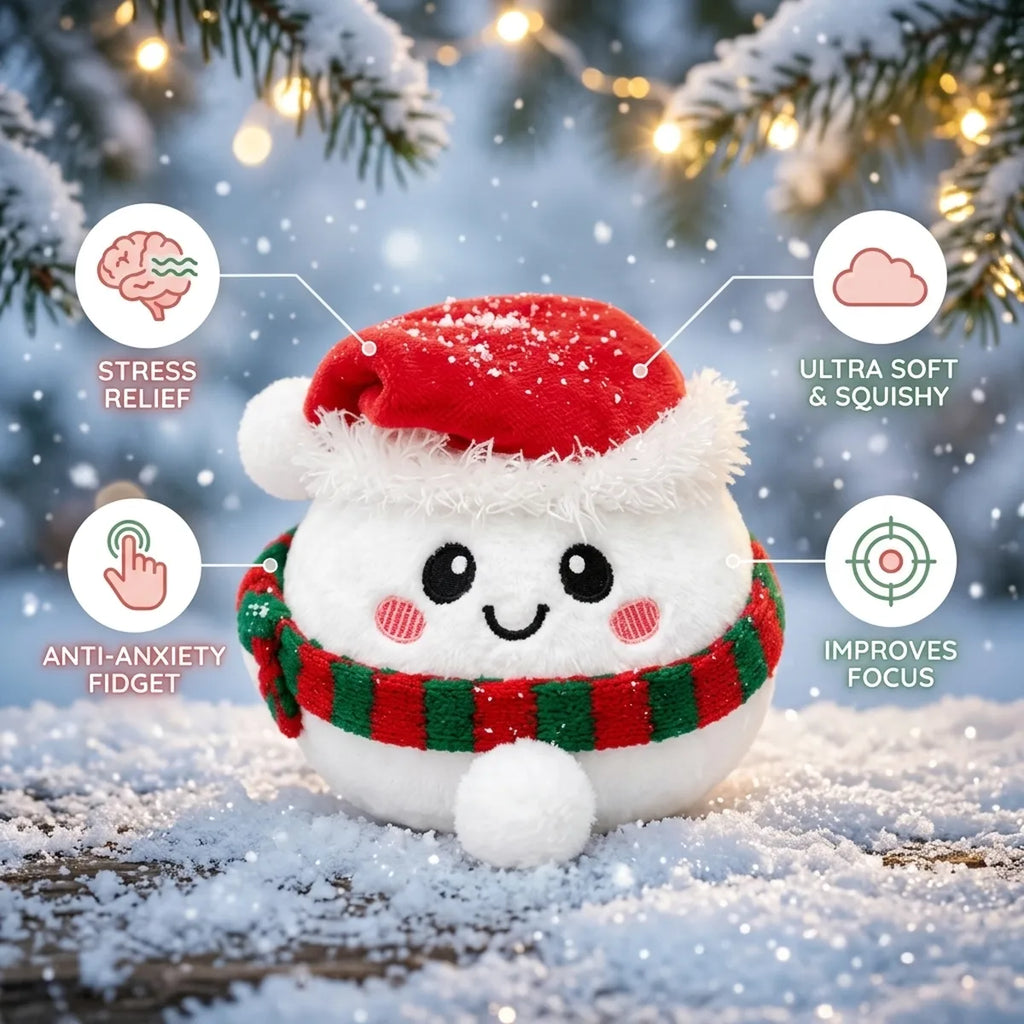 Chilly Snowman Dumpling Squishy Plush infographic: stress relief, ultra soft and squishy, anti-anxiety fidget, improves focus