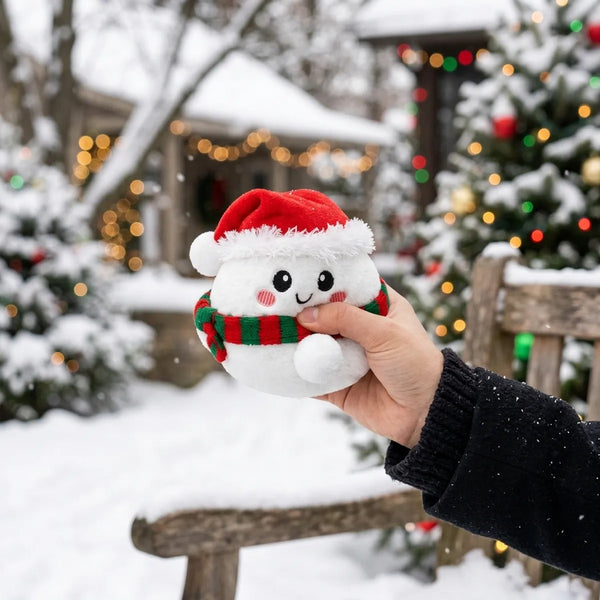 Person squeezing the Chilly Snowman Dumpling Squishy Plush as a fidget toy outdoors in the snow