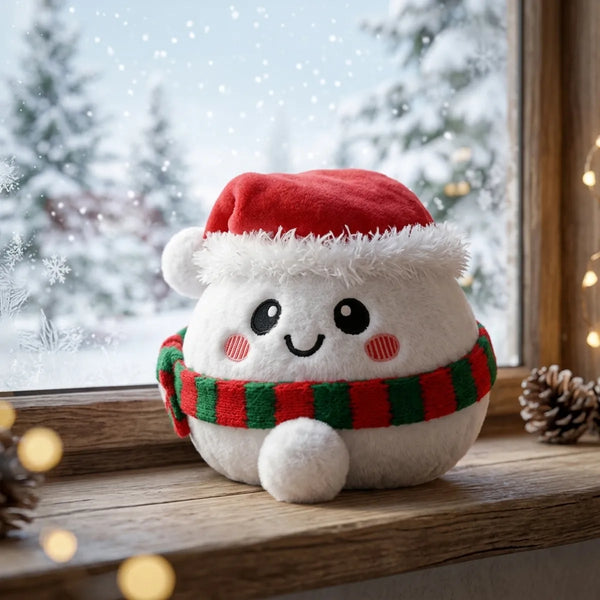 Chilly Snowman Dumpling Squishy Plush displayed on a windowsill overlooking a snowy forest