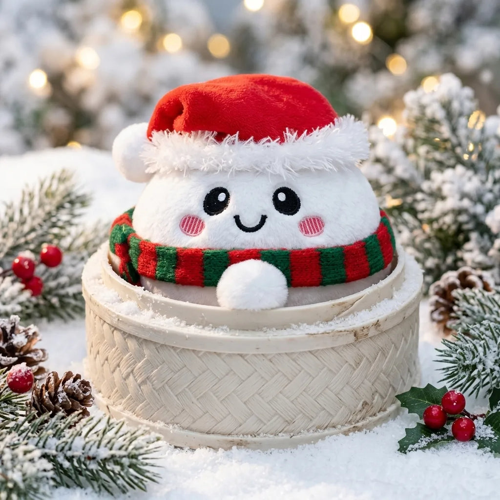 Chilly Snowman Dumpling Squishy Plush sitting inside a round steamer basket