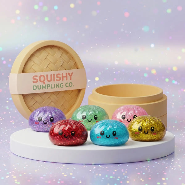 Sparkle glitter dumpling squishy set of 6 pieces front view