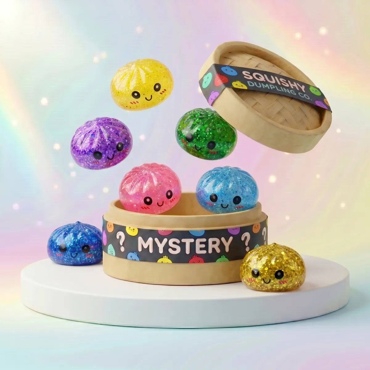Mystery mini glitter dumpling squishy set of three with bamboo steamer Main image