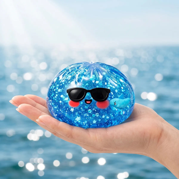 Hand holding a sparkle sunglasses dumpling squishy
