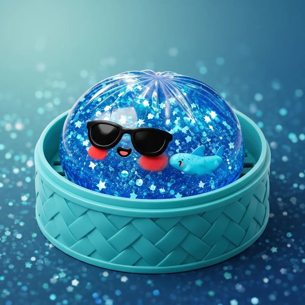 Sparkle sunglasses dumpling squishy inside a bamboo steamer box