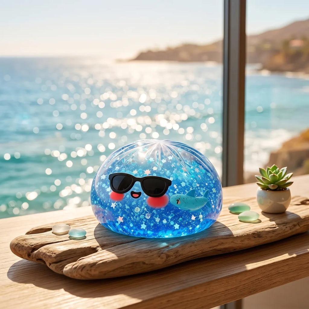 Sparkle sunglasses dumpling squishy styled on a surface