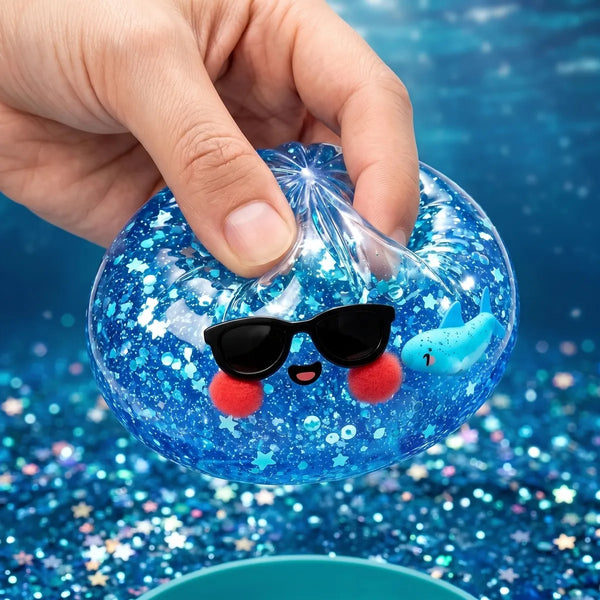 Close-up of a hand squeezing a sparkle sunglasses dumpling squishy