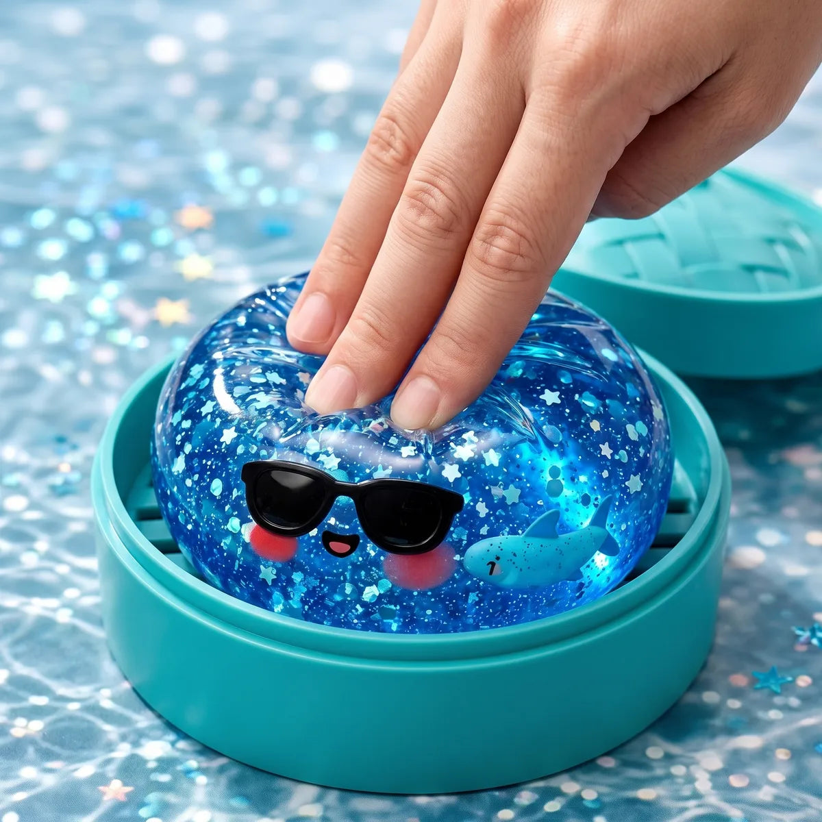 Hand squeezing a sparkle sunglasses dumpling squishy