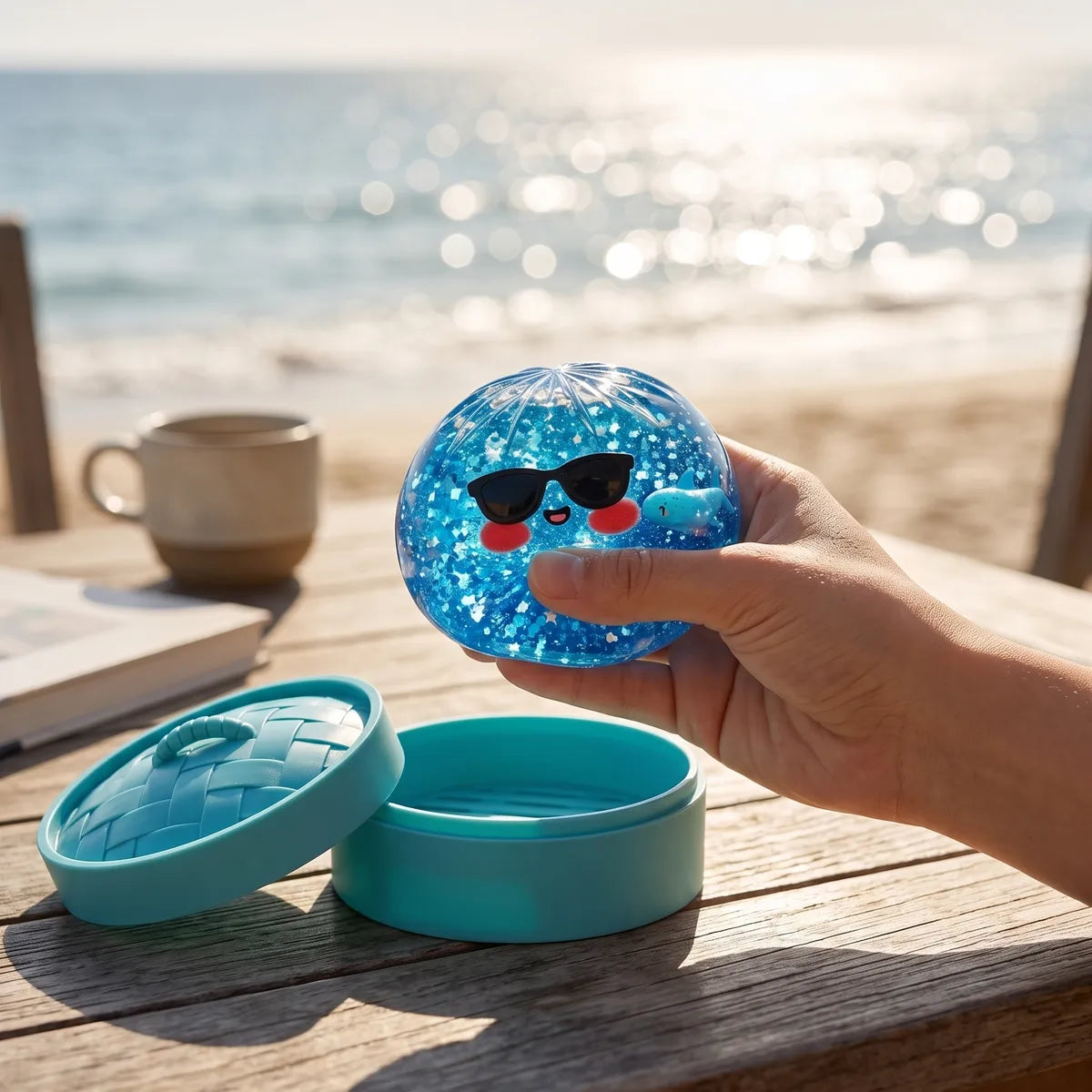 Person using a sparkle sunglasses dumpling squishy for stress relief