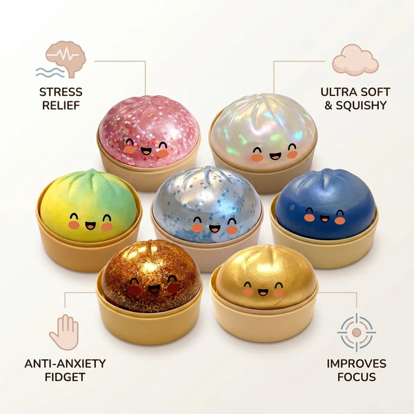 Squishy bun mystery dumpling size guide infographic with dimensions