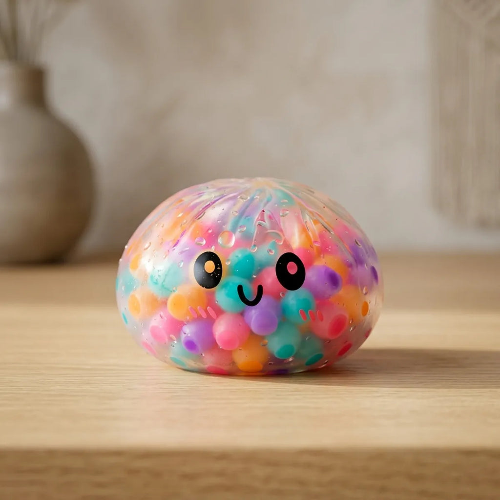 Collectible squishy dumpling displayed on a desk surface