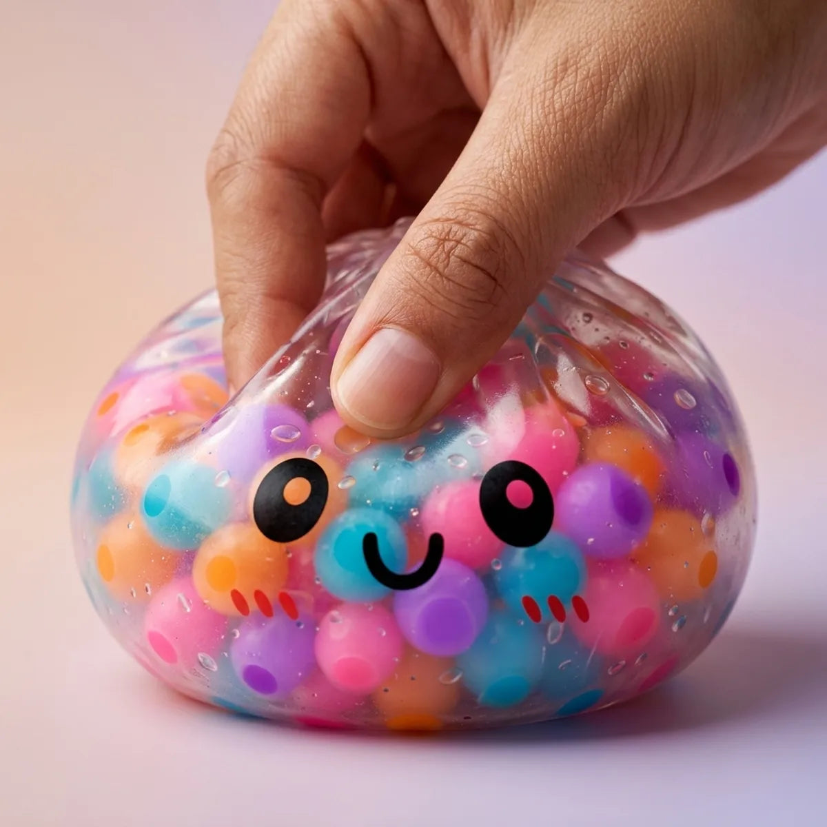 Close-up of fingers pressing a squishy dumpling colors toy