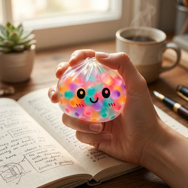 Person using a squishy dumpling colors toy for stress relief