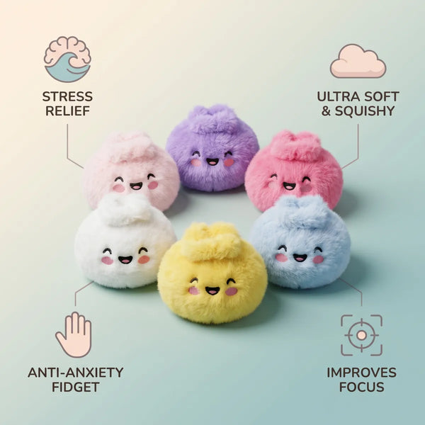 Stuffed animals dumpling squishy mystery size guide infographic with dimensions