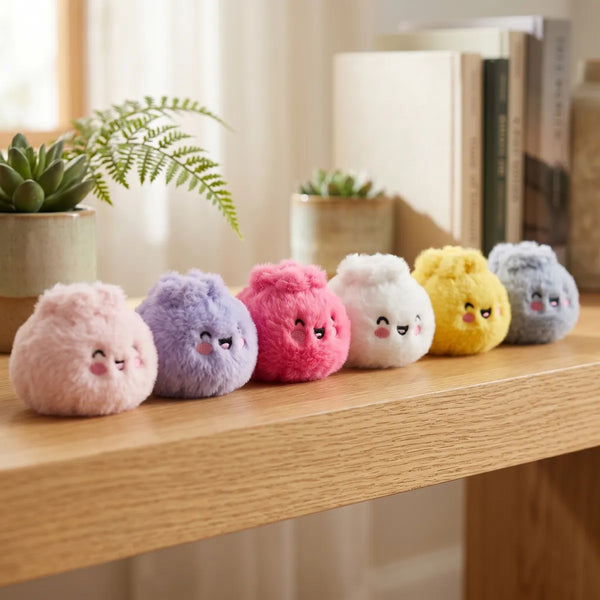 Stuffed animals dumpling squishy mystery displayed with bamboo steamer