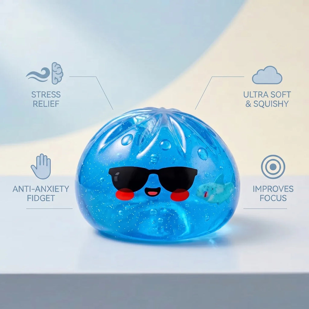 Sunglasses dumpling squishy size guide infographic with dimensions