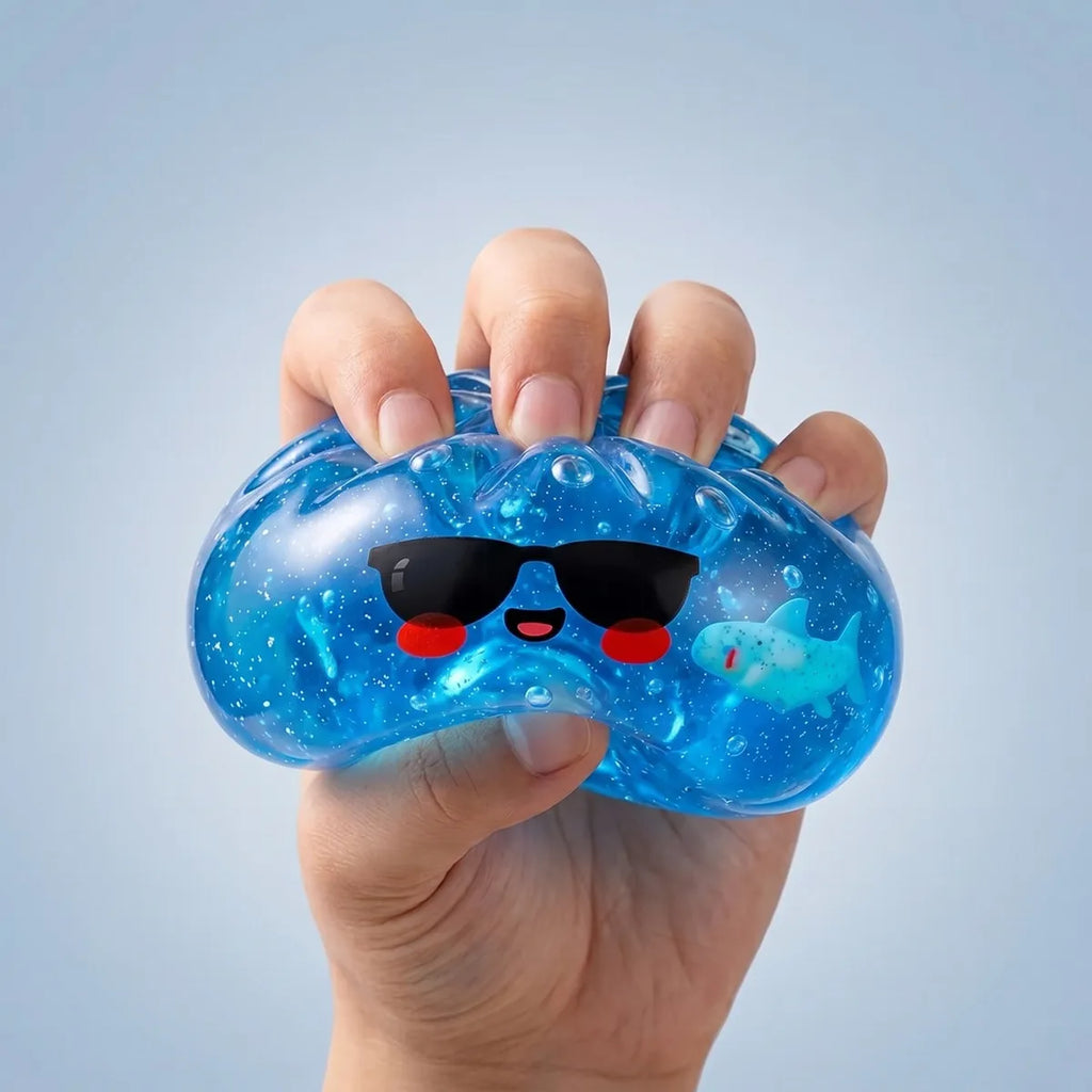 Sunglasses dumpling squishy being squeezed showing slow rising foam