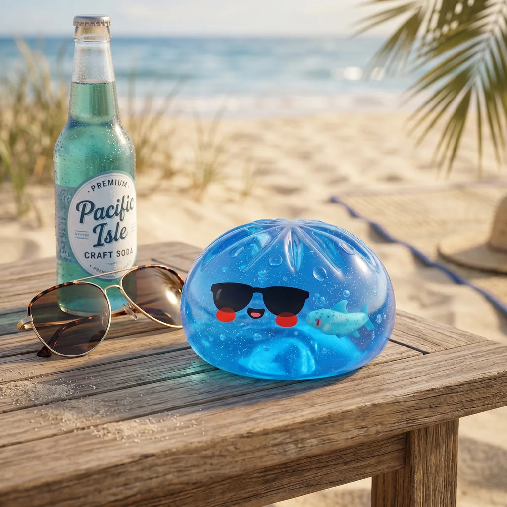 Sunglasses dumpling squishy displayed with bamboo steamer