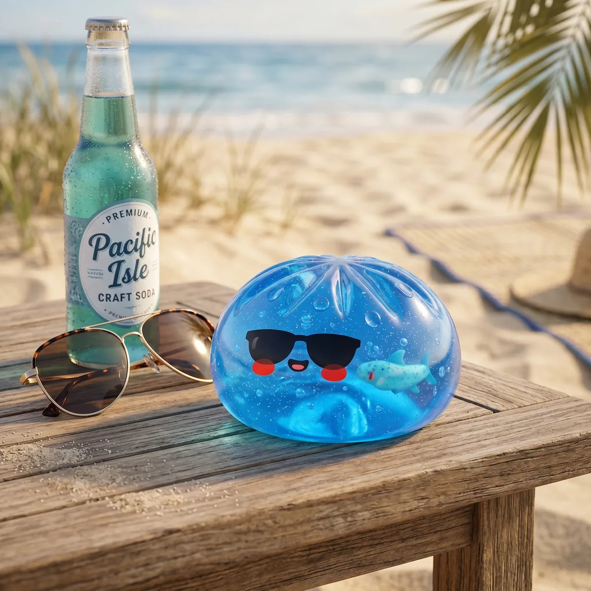 Sunglasses dumpling squishy displayed with bamboo steamer