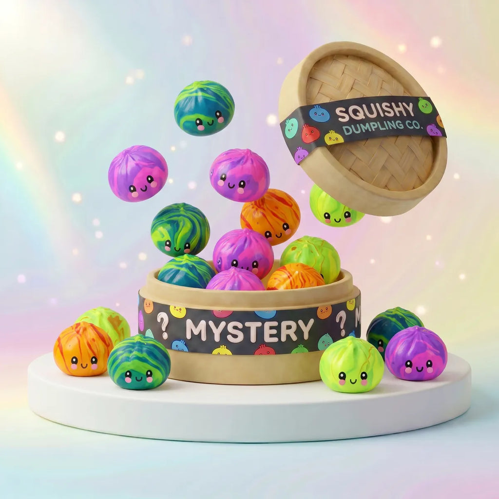 Mystery mini tie dye dumpling squishy blind box spilling from a steamer