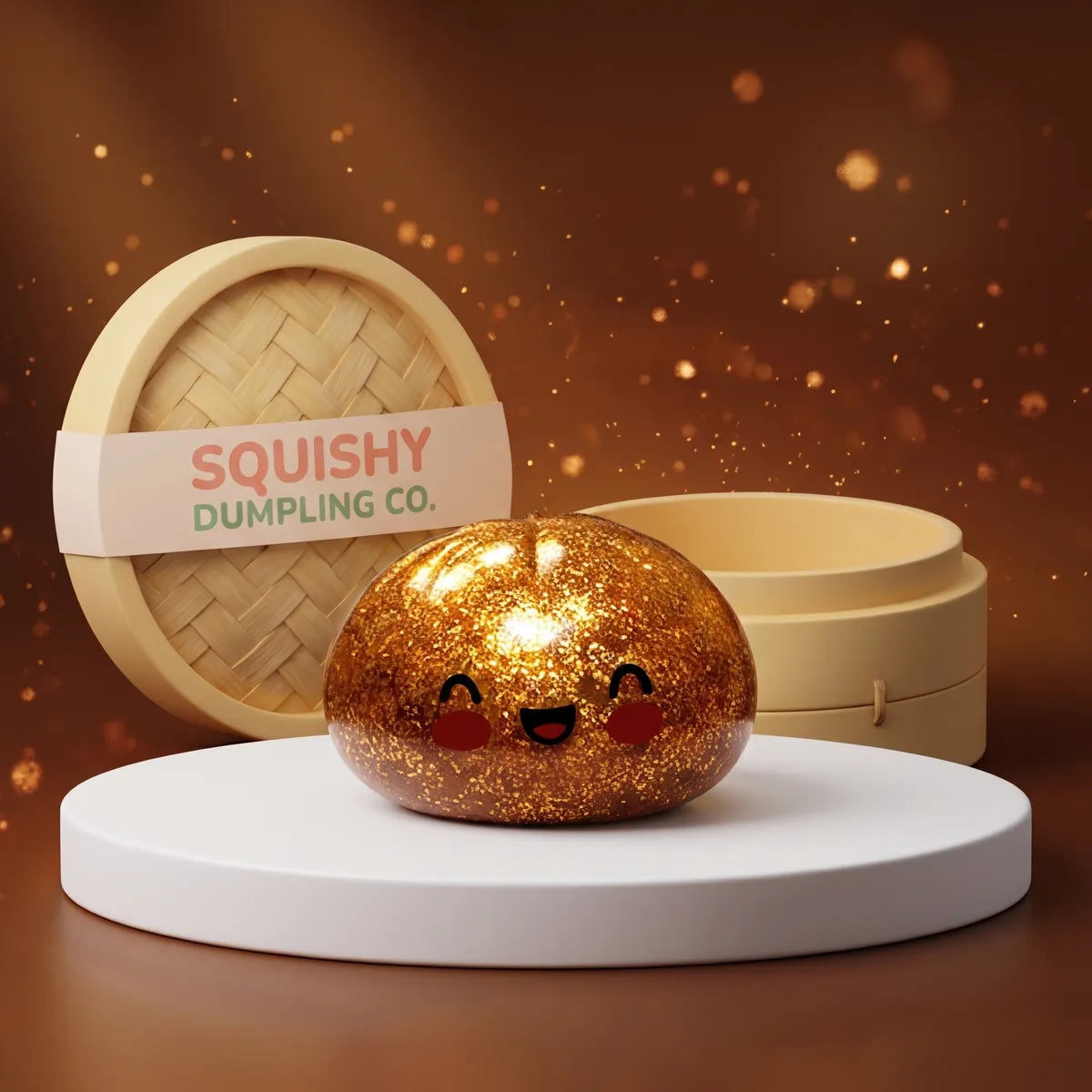 Treasure gold unique glitter dumpling squishy with bamboo steamer Main image