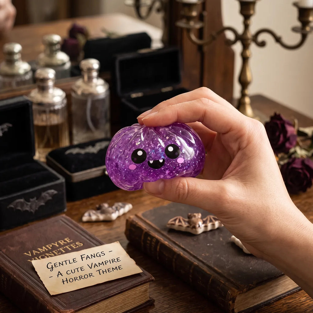 Person squeezing the vampire Halloween dumpling squishy as a hand fidget toy