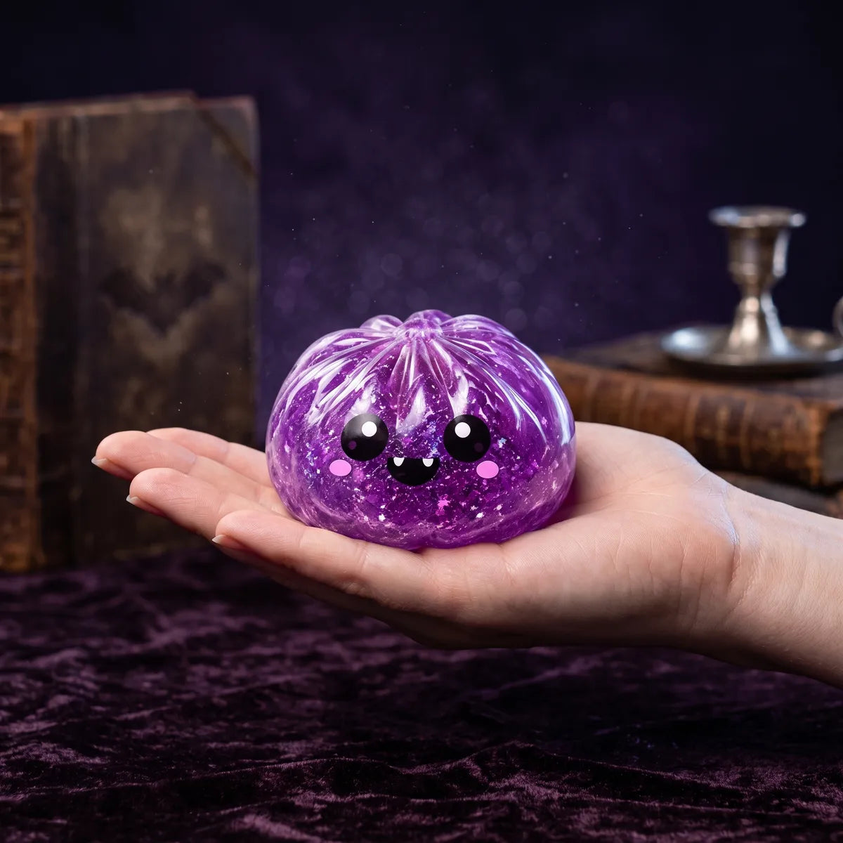 Vampire Halloween dumpling squishy styled in a purple haunted lifestyle scene with cobwebs