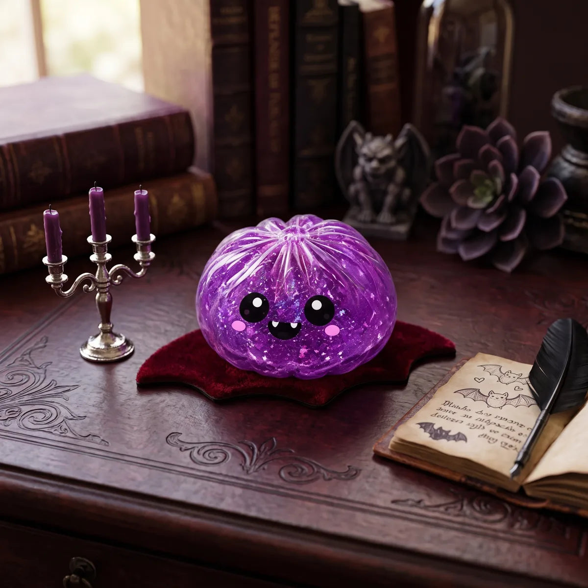 Vampire Halloween dumpling squishy photographed in a dark misty horror atmosphere