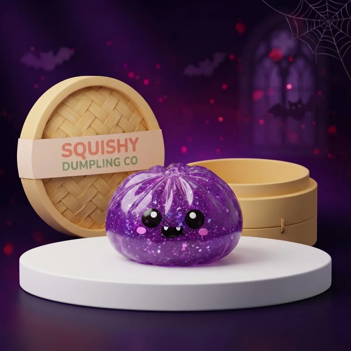Purple glitter vampire Halloween dumpling squishy with small white fangs on a white podium Main image
