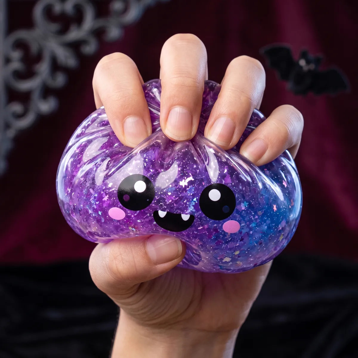 Vampire Halloween dumpling squishy squeezed flat to show its slow rising purple glitter gel