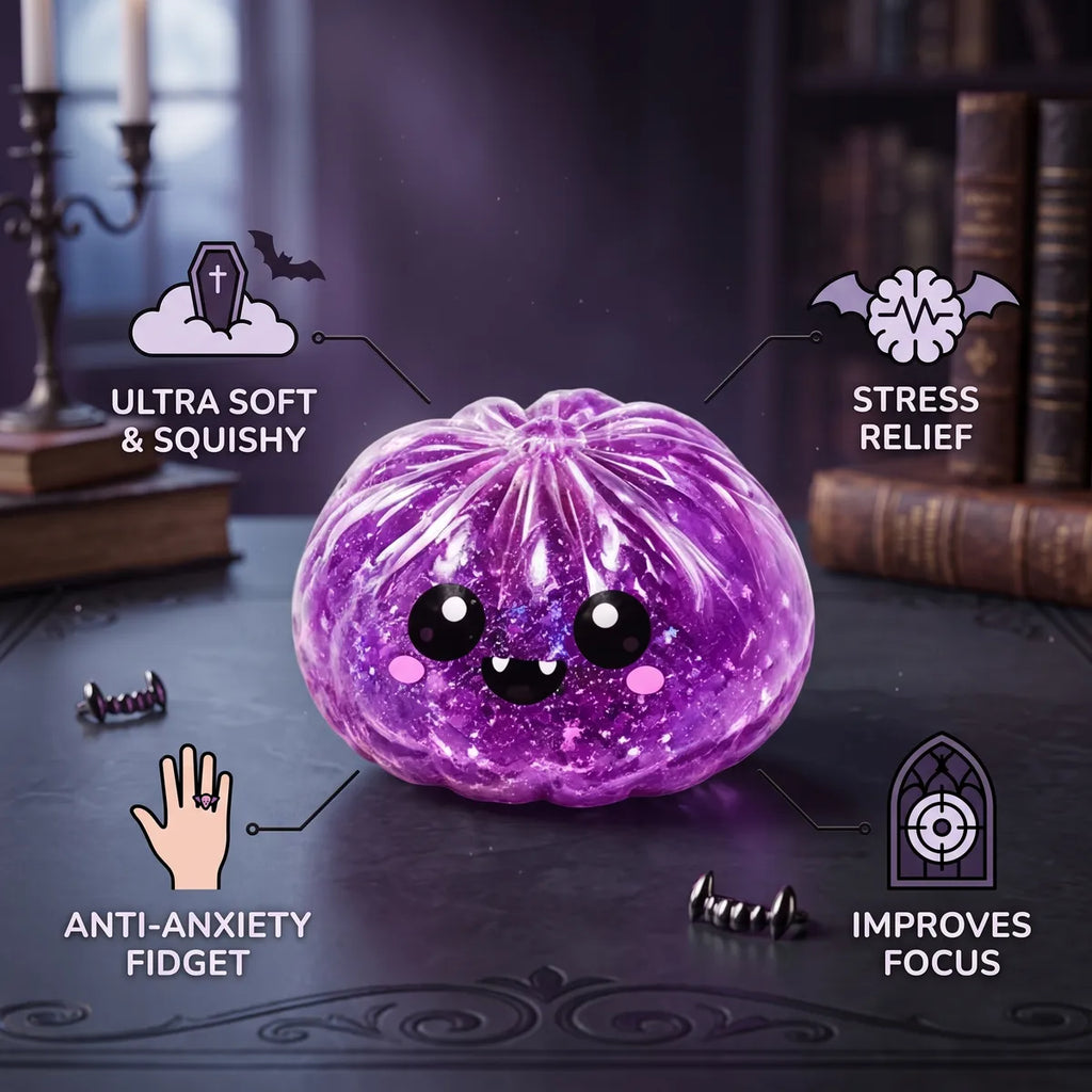 Vampire Halloween dumpling squishy with stress relief focus and anti anxiety fidget benefit icons