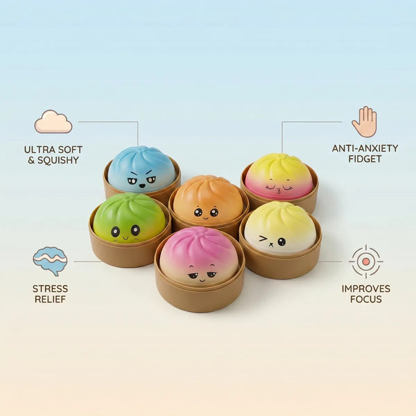 Viral mystery dumpling squishy size guide infographic with dimensions