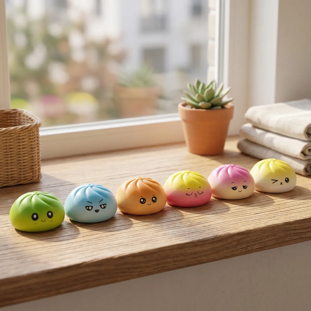 Viral mystery dumpling squishy displayed with bamboo steamer