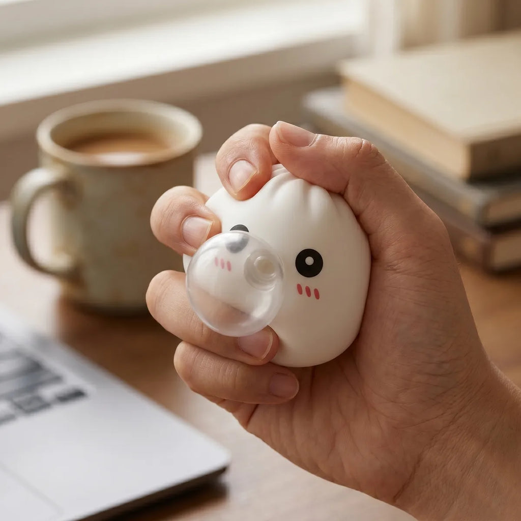 White blow dumpling squishy styled as cute desk decor