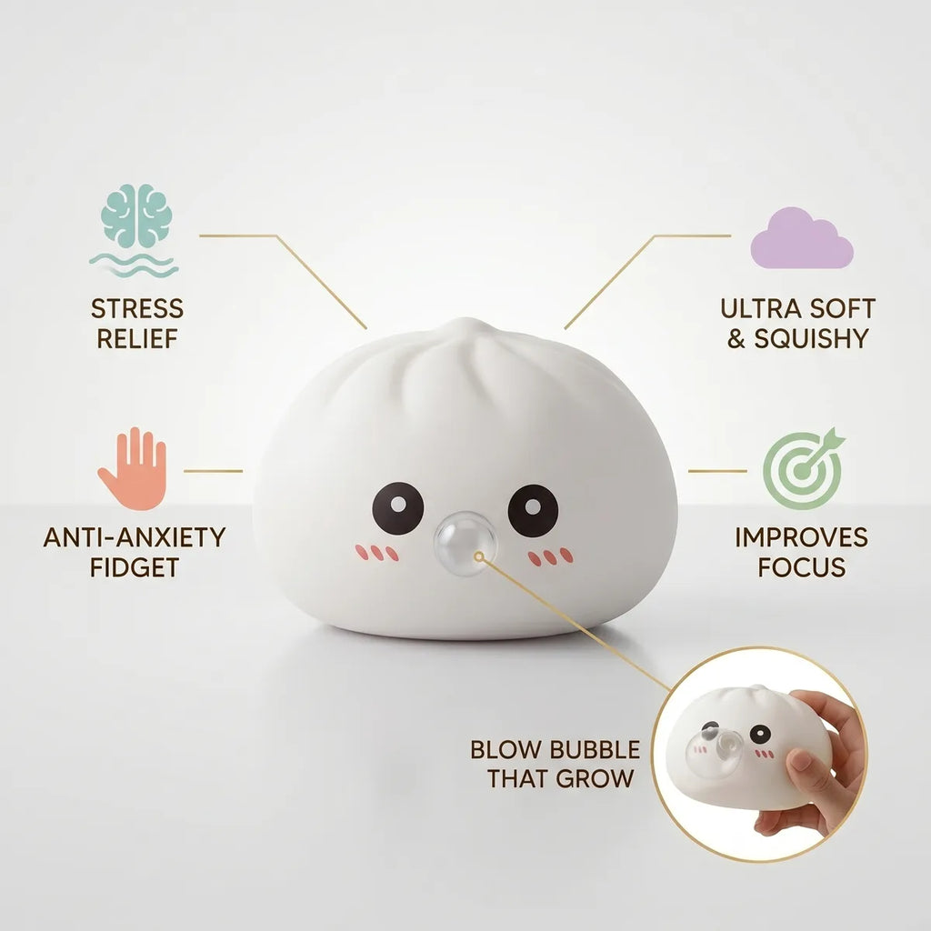 White blow dumpling squishy size guide infographic with dimensions