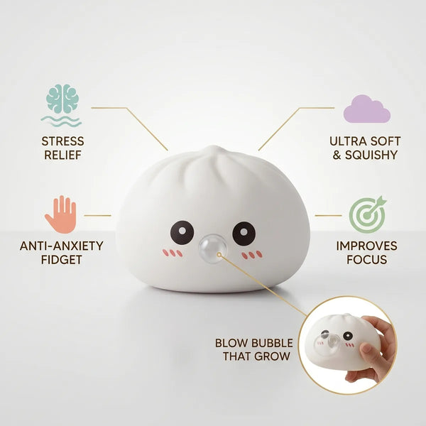 White blow dumpling squishy size guide infographic with dimensions