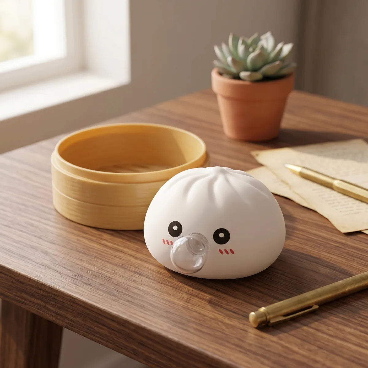 White blow dumpling squishy displayed with bamboo steamer