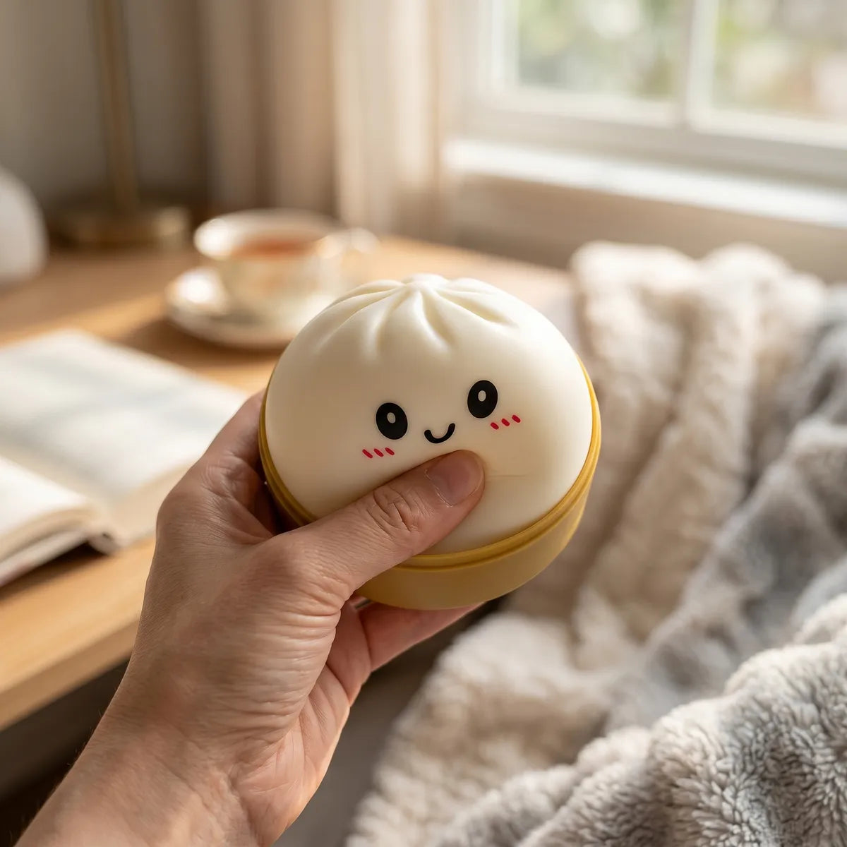 White dumpling squishy styled as cute desk decor