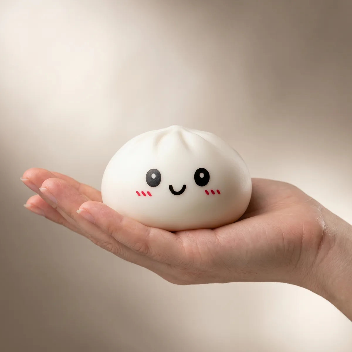 White dumpling squishy held in hand lifestyle shot
