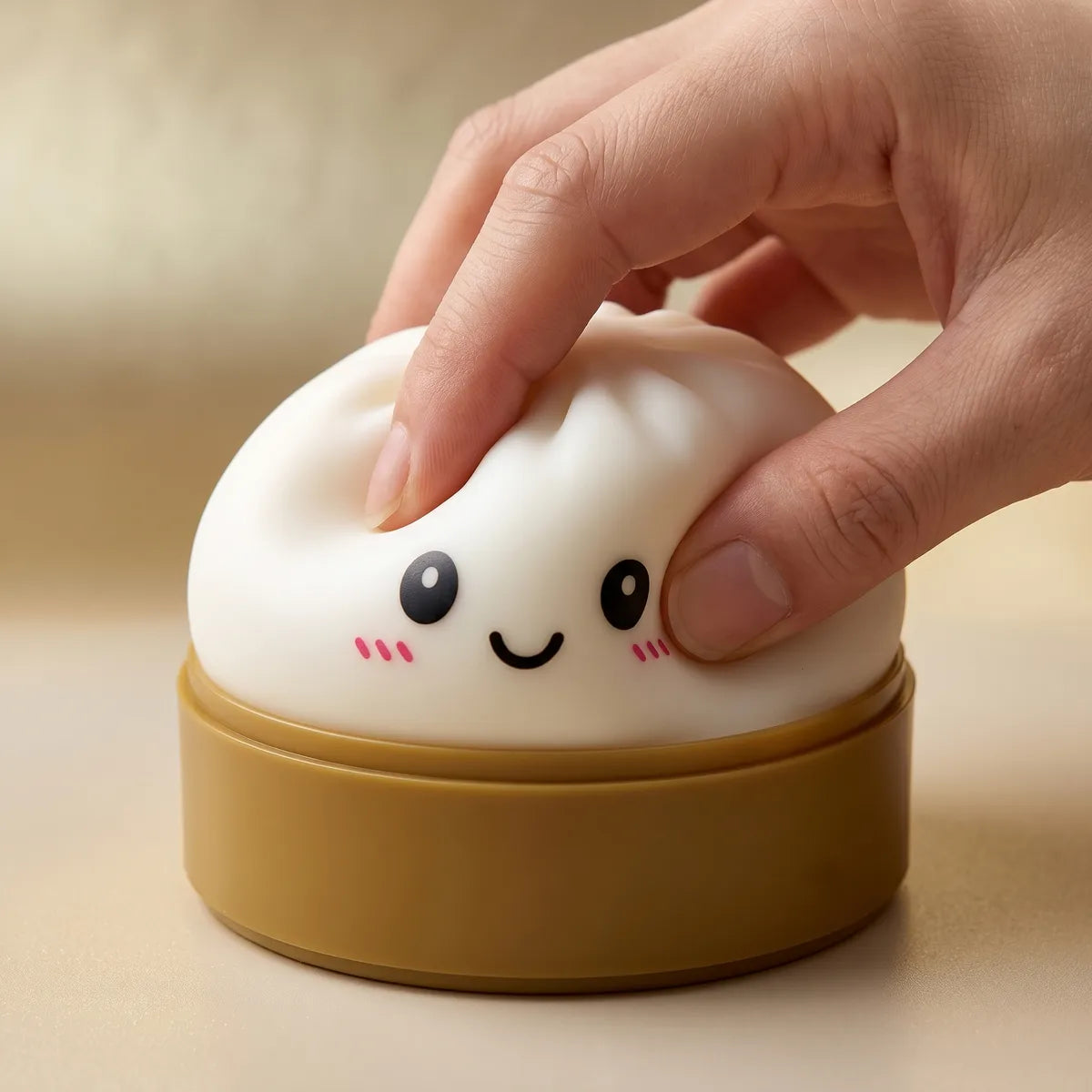 Hands playing with the white dumpling squishy stress toy