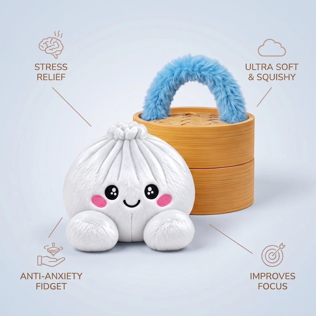 Marshmallow White Dumpling Squishy Plush infographic: stress relief, ultra soft and squishy, anti-anxiety fidget, improves focus
