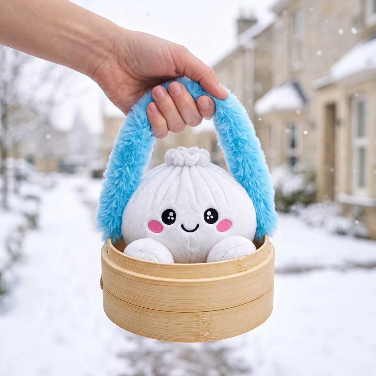 Hand carrying the Marshmallow White Dumpling Squishy Plush in its steamer case by the fluffy handle