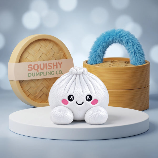Marshmallow White Dumpling Squishy Plush on a white studio podium beside a steamer basket