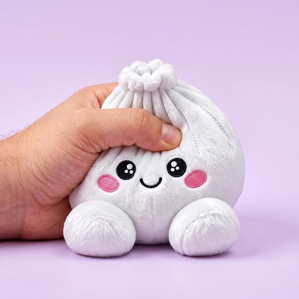 Fingers pinching the Marshmallow White Dumpling Squishy Plush to show how soft it is