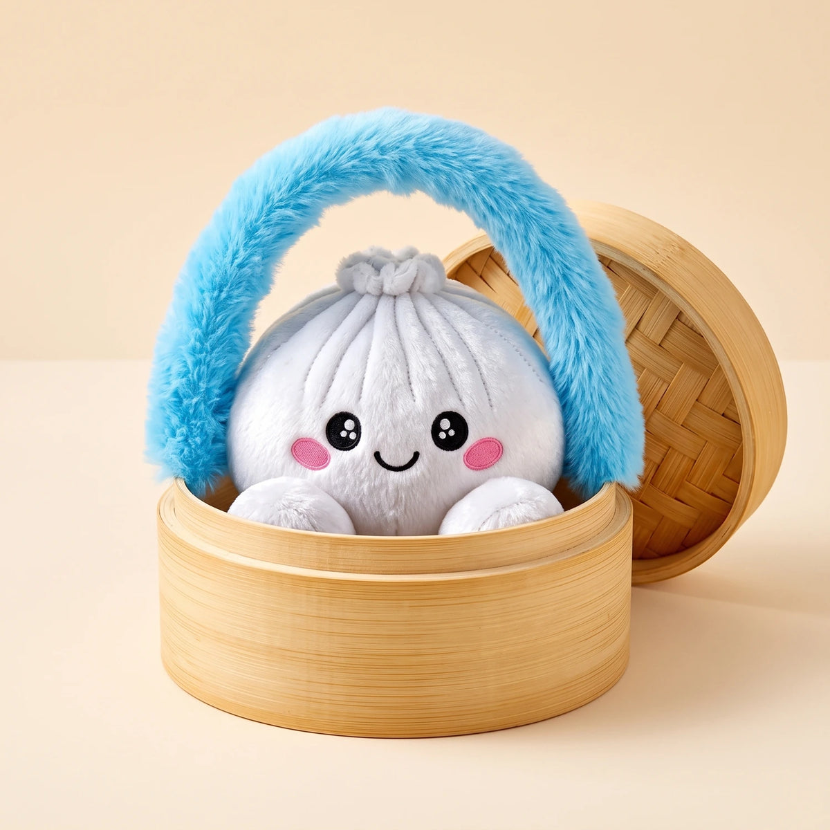 Marshmallow White Dumpling Squishy Plush sitting in its bamboo steamer carry case with a fluffy blue handle