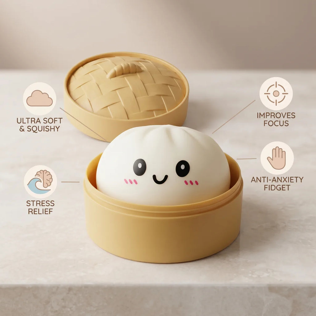 White dumpling squishy size guide infographic with dimensions