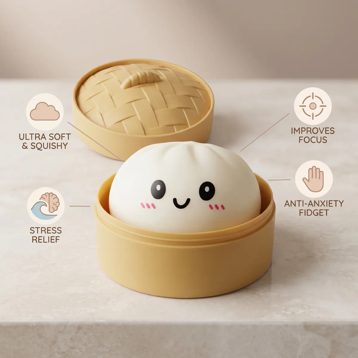 White dumpling squishy size guide infographic with dimensions